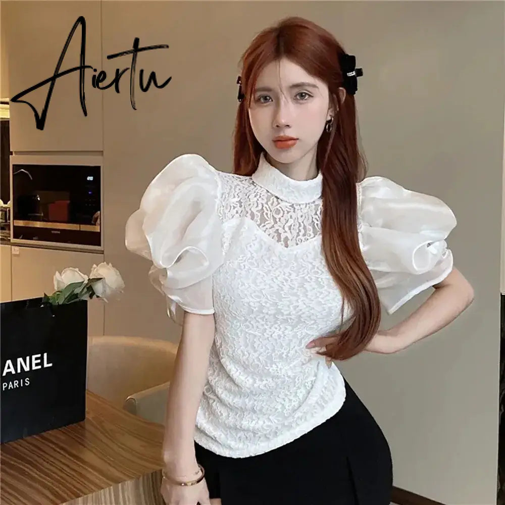Aiertu Summer Chic Court Style Lace Hollowed Shirt Womens French Elegant Bubble Sleeve Blouses Ladies Tops Sweet Camisas Y Blusas Aiertu