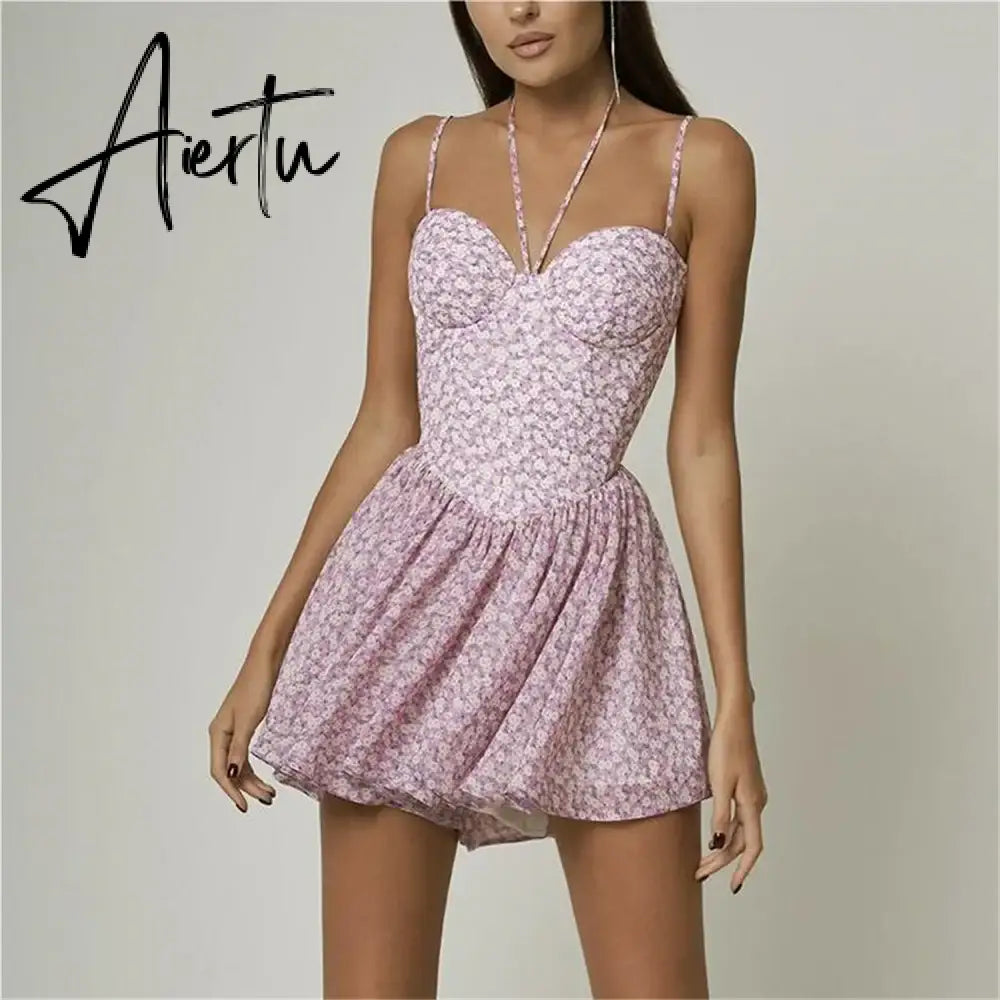 Aiertu Summer dress 2024 women evening party mini dresses elegant halter dress fashion purple floral print dresses with shorts Aiertu
