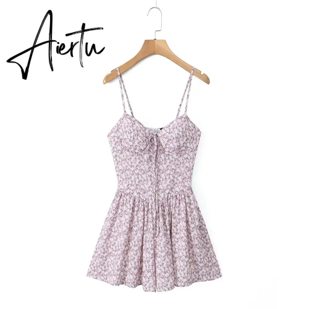Aiertu Summer dress 2024 women evening party mini dresses elegant halter dress fashion purple floral print dresses with shorts Aiertu