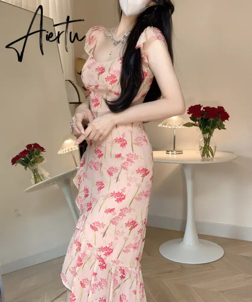 Aiertu Summer Elegant Retro Floral Midi Dress French Sweet Even Party Short Sleeve Print Lace Dress One Piece Dress Korean Chic Aiertu