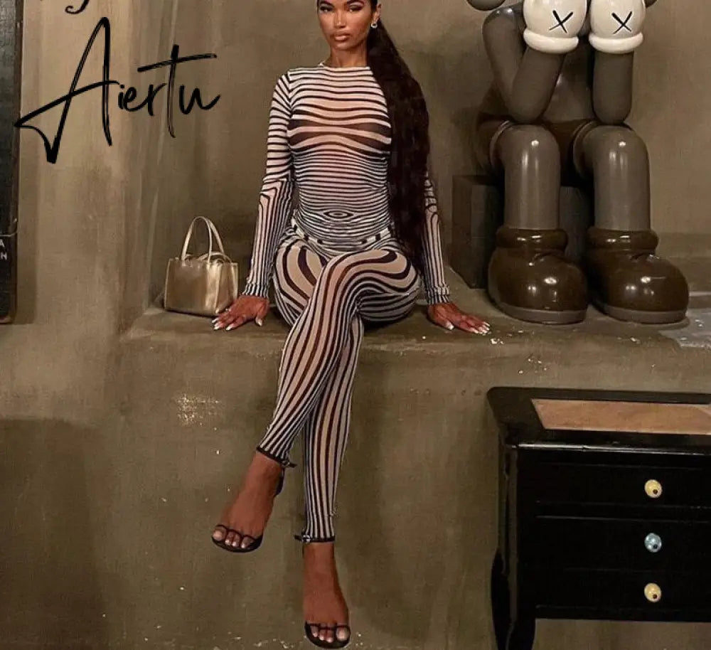 Aiertu Summer Fall Women Fashion Zebra Print See Through Long Sleeves Top Leggings 2 Pieces Set Sexy Y2K Streetwear Slim Aiertu