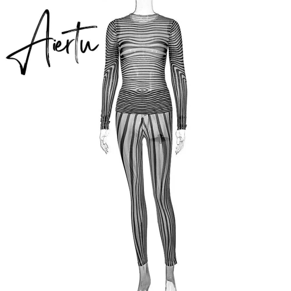 Aiertu Summer Fall Women Fashion Zebra Print See Through Long Sleeves Top Leggings 2 Pieces Set Sexy Y2K Streetwear Slim Aiertu