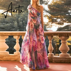 Aiertu Summer Floral Print Women Maxi Dress Elegant Pleated Slim Bohomian Party Dress Sexy Strapless Chiffon Holiday Long Dress Aiertu