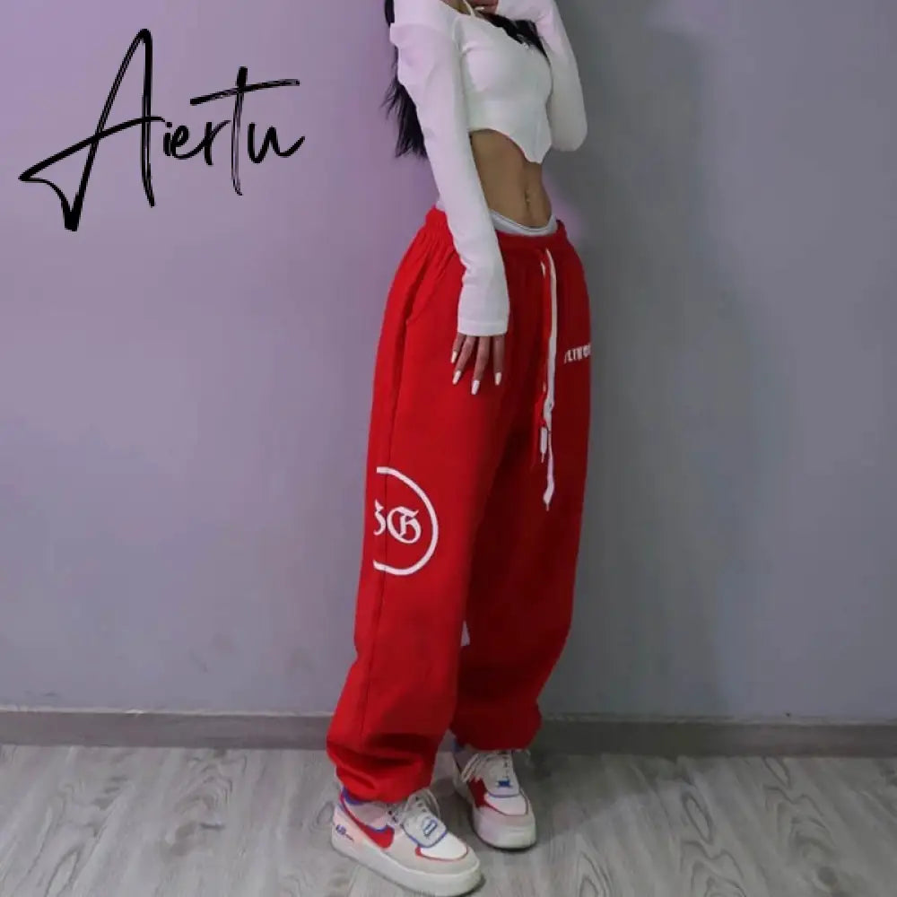 Aiertu  Summer hip-hop Letter printing graphic sweatpants Red pants for women Y2K Harajuku high waist loose casual pants Trousers Aiertu