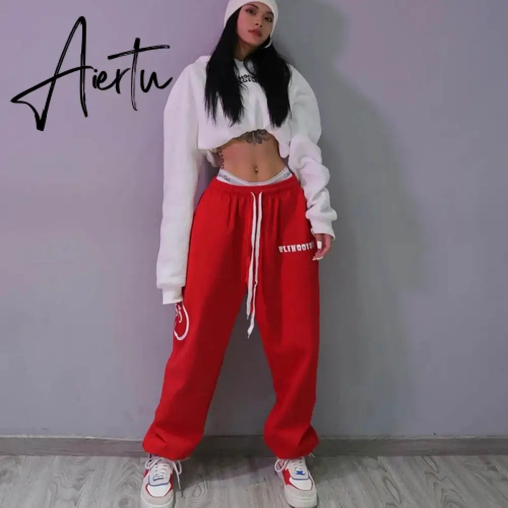Aiertu  Summer hip-hop Letter printing graphic sweatpants Red pants for women Y2K Harajuku high waist loose casual pants Trousers Aiertu