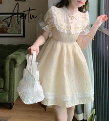 Aiertu Summer Lace Fairy Dress Women Patchwork Puff Sleeve Fluffy Sweet Mini Dress Female Korean Fashion Slim Fit Cute Party Dress Aiertu