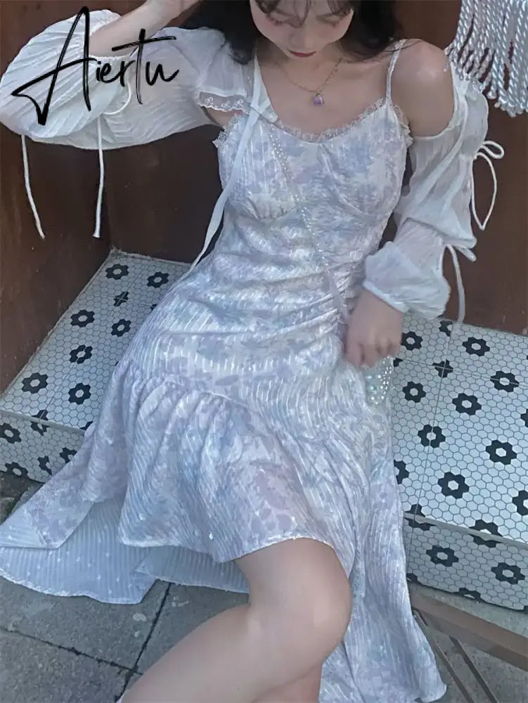 Aiertu Summer Lace Print Sweet Strap Dress Women Irregular Ruffle Flounce Cute Midi Dress Female Chiffon Glitter Elegant Dress Aiertu