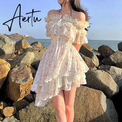 Aiertu Summer Lace Print Sweet Strap Dress Women Irregular Ruffle Flounce Cute Mini Dress Female Chiffon Slash Neck Elegant Dress Aiertu