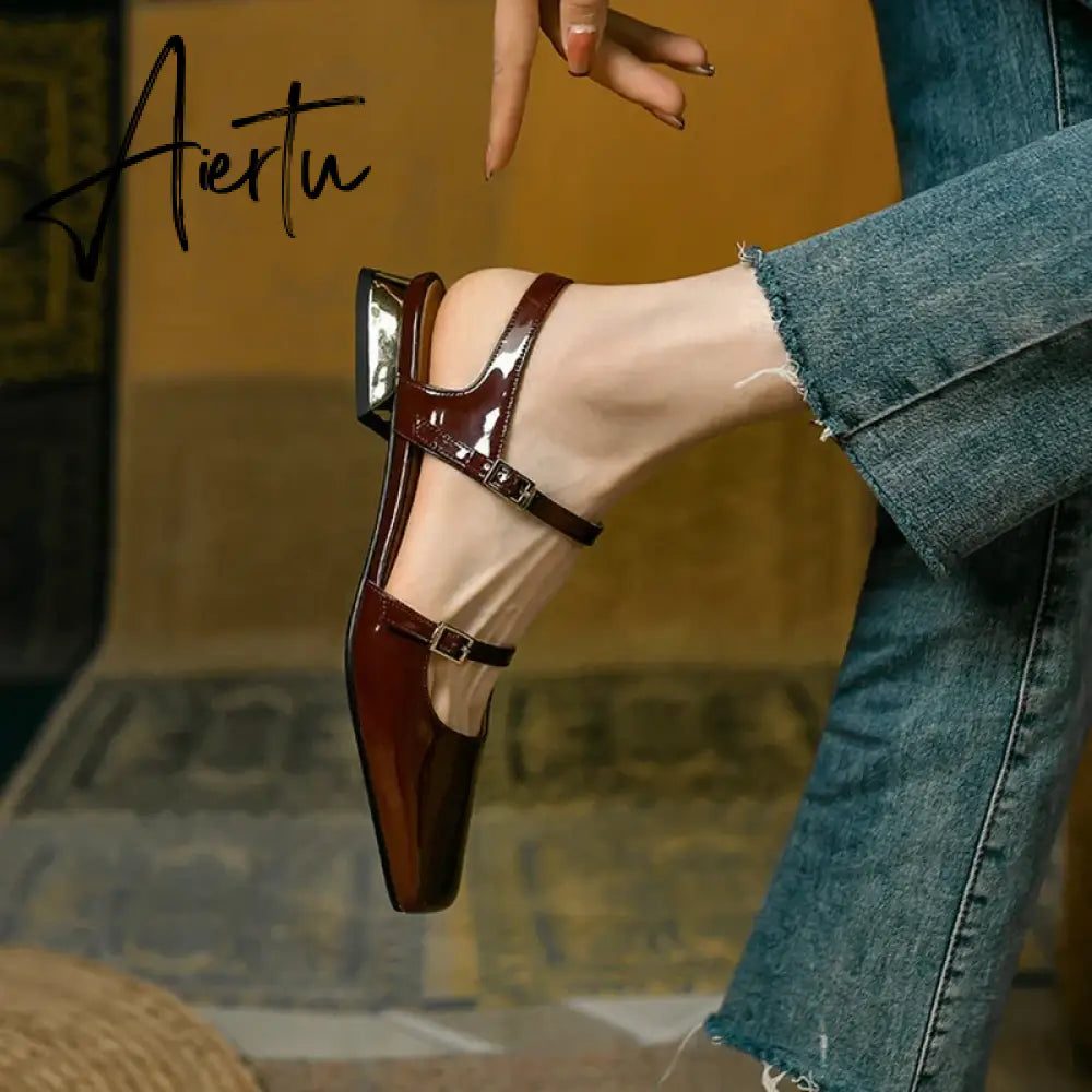 Aiertu  Summer Shoes Women Square Toe Thick Heel Sandals Women Patent Leather Mixed Colors Low Heel Wine Red/Beige Shoes for Women Aiertu