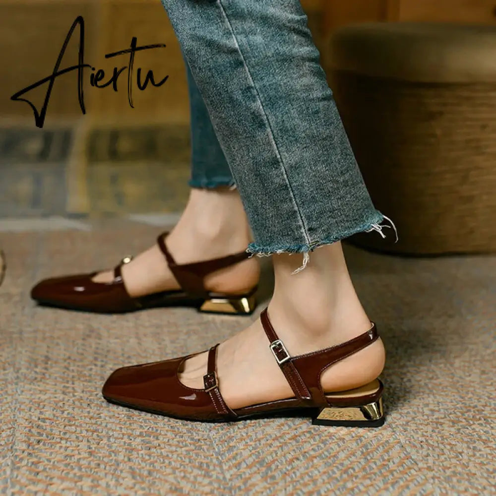 Aiertu  Summer Shoes Women Square Toe Thick Heel Sandals Women Patent Leather Mixed Colors Low Heel Wine Red/Beige Shoes for Women Aiertu