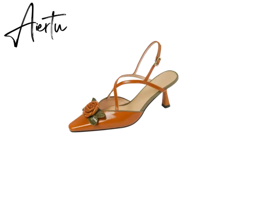 Aiertu Summer/Spring Woman Shoes Cow Leather Pointed Toe Women Sandals Flowers High Heels Slingback Stiletto Retro Shoes for Women Aiertu