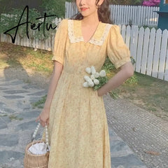 Aiertu Summer Vintage Floral Dress Women Korean Elegant Sweet Cute Print Midi Dresses V-neck Lace French Holiday Cottagecore Dress Aiertu