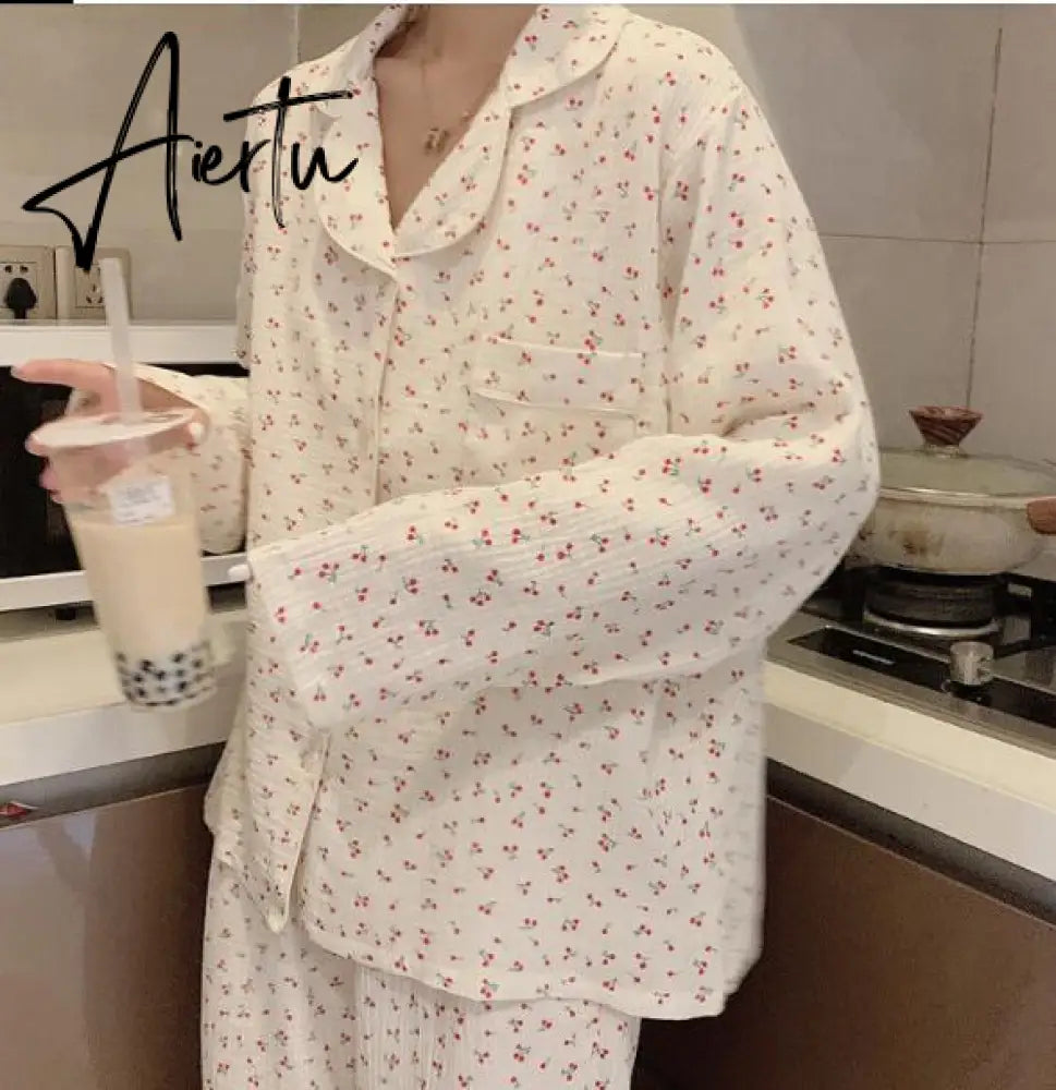 Aiertu Summer Women Pajamas Set Sleepwear Pijama Turn-down Femme Satin Cotton Comfort Loose Homewear Women's Pyjama Set Aiertu