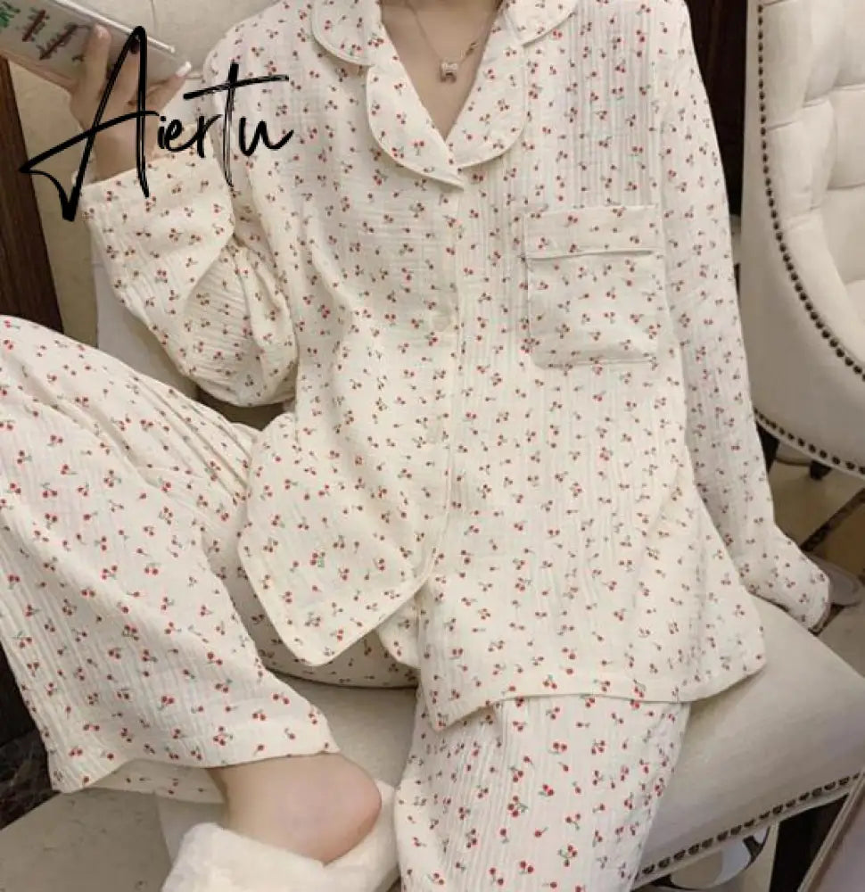 Aiertu Summer Women Pajamas Set Sleepwear Pijama Turn-down Femme Satin Cotton Comfort Loose Homewear Women's Pyjama Set Aiertu