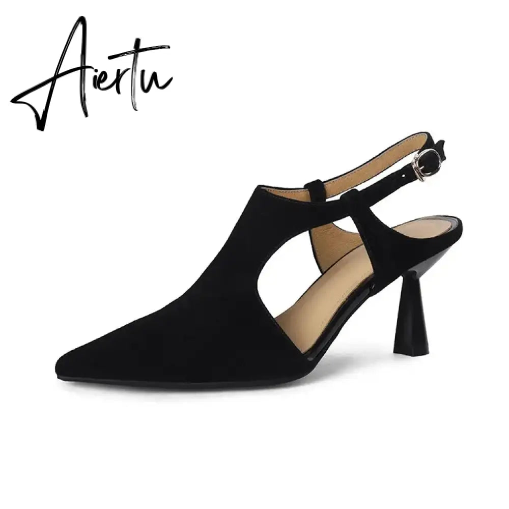 Aiertu Summer Women Shoes Pointed Toe Thin Heel Sandals Solid High Heels Elegant Sheep Suede Leather Shoes for Women Party Shoes Aiertu