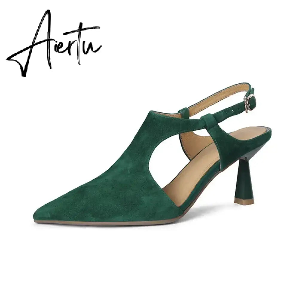 Aiertu Summer Women Shoes Pointed Toe Thin Heel Sandals Solid High Heels Elegant Sheep Suede Leather Shoes for Women Party Shoes Aiertu