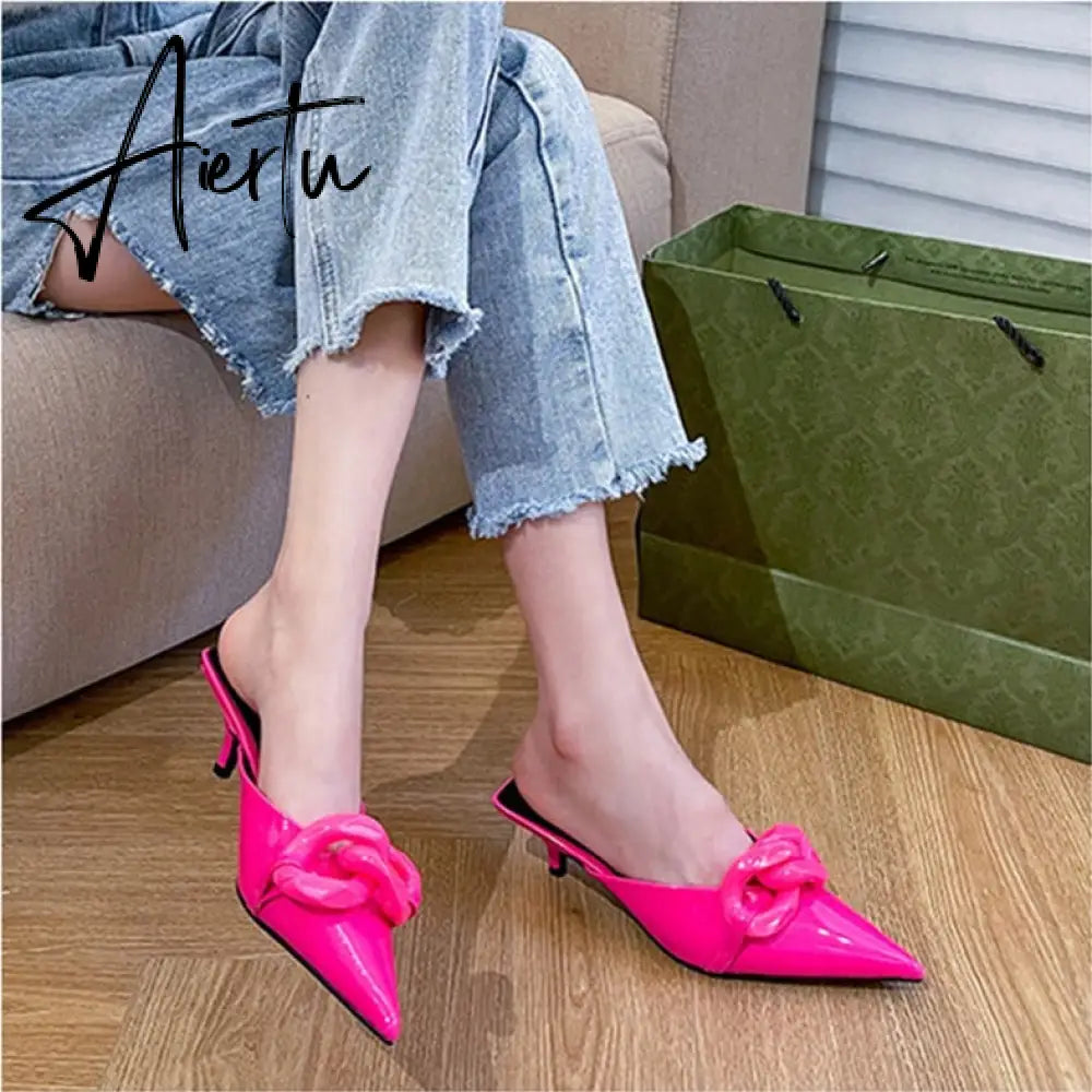 Aiertu  Summer Women Slipper Fashion Candy Colors Chain Ladies Slip On Mules Shoes Thin Low Heel Pointed Toe Slides Flip Aiertu