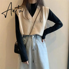 Aiertu Sweater Vest Women Solid Autumn Winter All-match Leisure Outerwear Knitted V-Neck Sleeveless Female Elegant Chic Simple Harajuku Aiertu