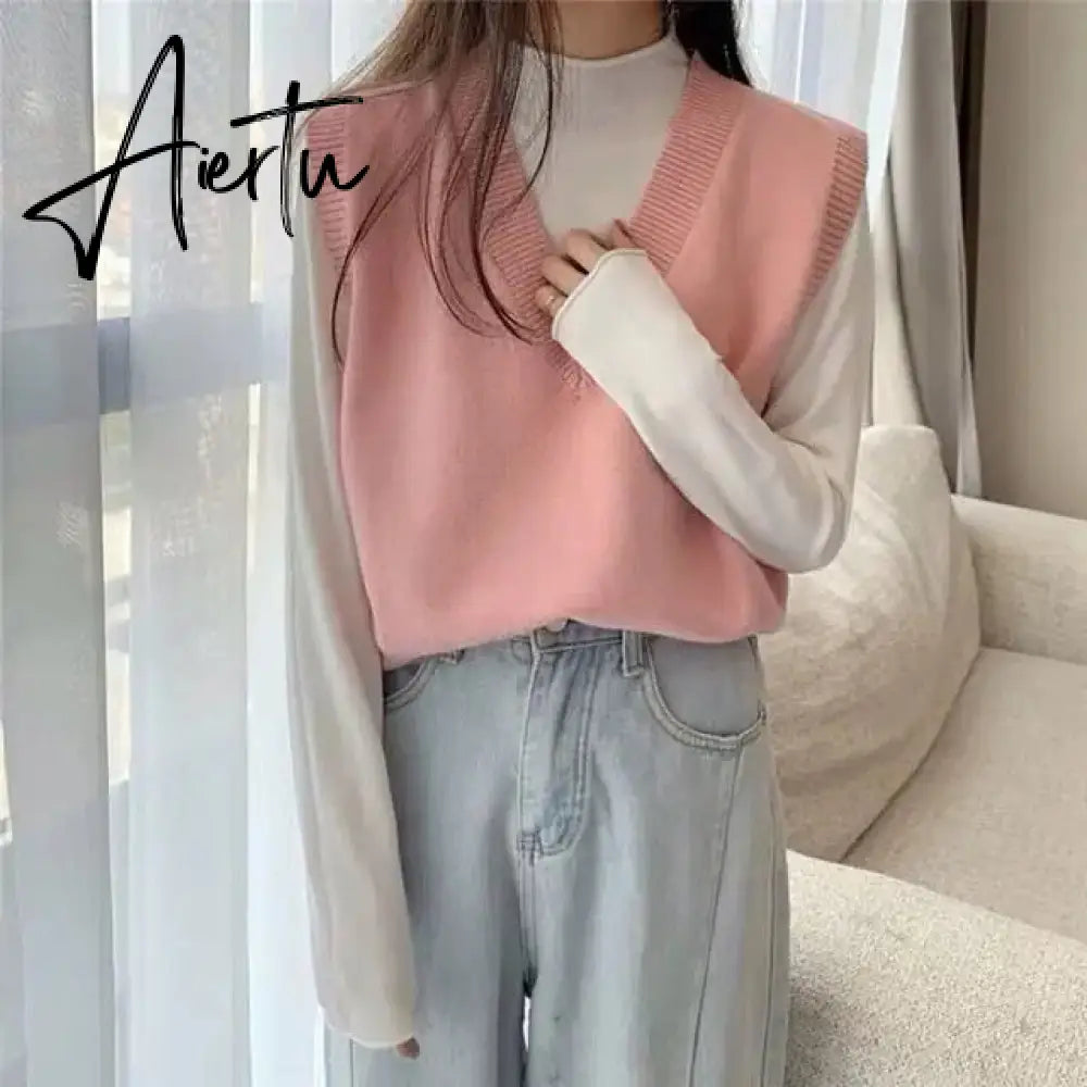 Aiertu Sweater Vest Women Solid Autumn Winter All-match Leisure Outerwear Knitted V-Neck Sleeveless Female Elegant Chic Simple Harajuku Aiertu
