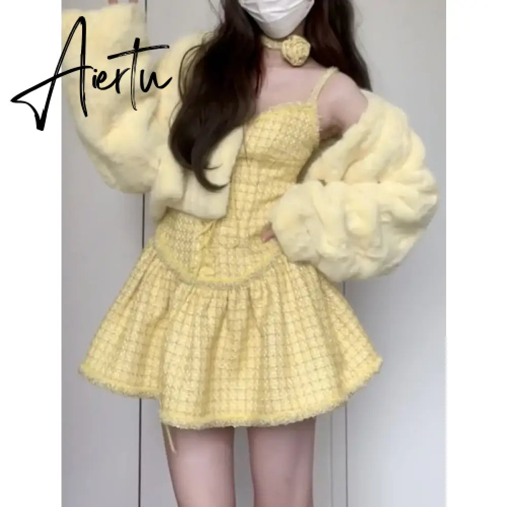 Aiertu Sweet Yellow New Two Piece Set Women Short Solid Coat + Sexy Strap Dress Female Korean Style Cute Party Mini Dress Suits 2024 Aiertu