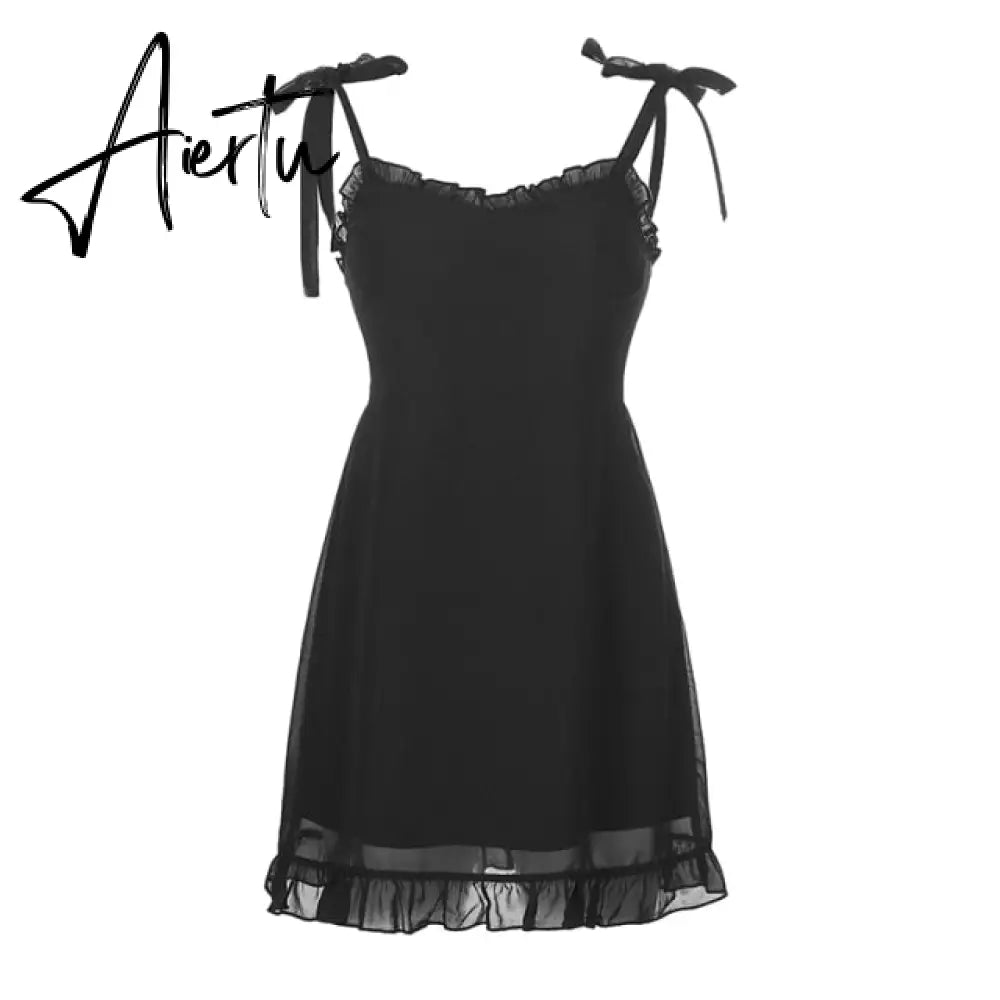 Aiertu Sweetown Dark Academia Gothic Dresses Women Chiffon Ruffles Black E Girl Clothes Sleeveless V Neck Lace Up Mini Dress Summer Aiertu