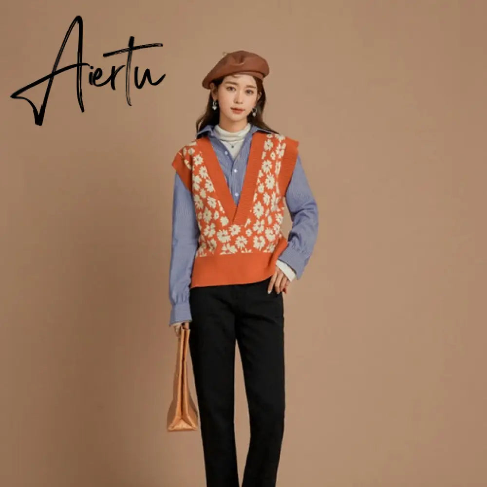 Aiertu Vintage Argyle V-neck Knitted Sweater Vest Women Loose Sleeveless Sweater Pullover Autumn Korean Casual Oversized Knit Waistcoat Aiertu