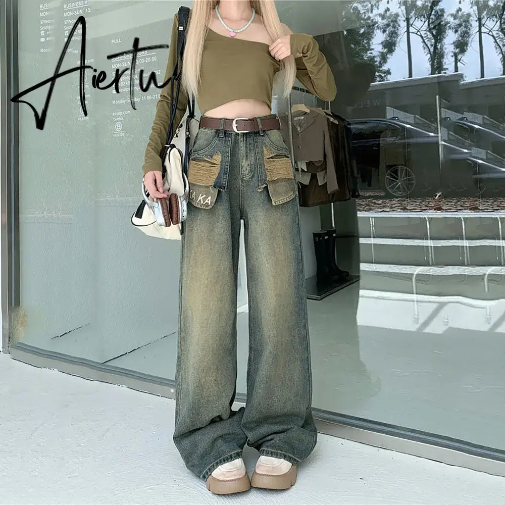 Aiertu Vintage Distressed Blue Straight Female Jeans Fashion Loose Full Length Washed Chic Pockets Women Denim Pants Lady Y2k Trousers Aiertu