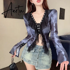 Aiertu Vintage Gothic Y2k Gauze Ruffle Cardigans Long Sleeve Goth Dark Fairy Grunge Women Blouses Streetwear Single-breasted Crop Tops Aiertu