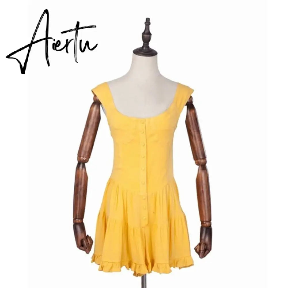 Aiertu  vintage ladies dresses beach ruffle yellow casual mini sexy dress vestidos bohemian elegant Summer dress Aiertu