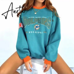Aiertu Vintage Letter Print Autumn New Thin Crewneck Sweatshirt Women Fashion Tops Loose Long Sleeve Casual Girl Plus Size French Style Aiertu