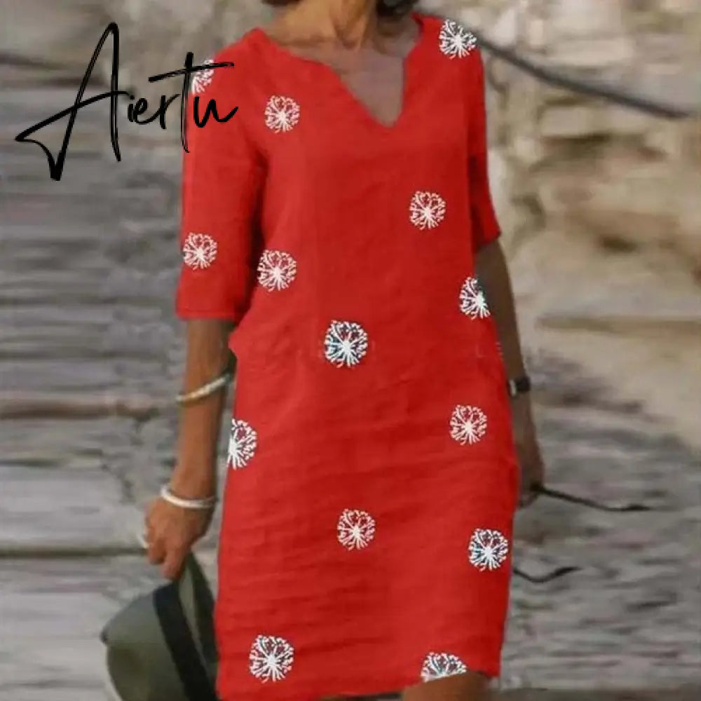 Aiertu Vintage Printing Women Dress V-Neck Half Sleeve A-Line Dresses Casual  Fashion Spring Female Loose Sundress Lady Vestidos Aiertu