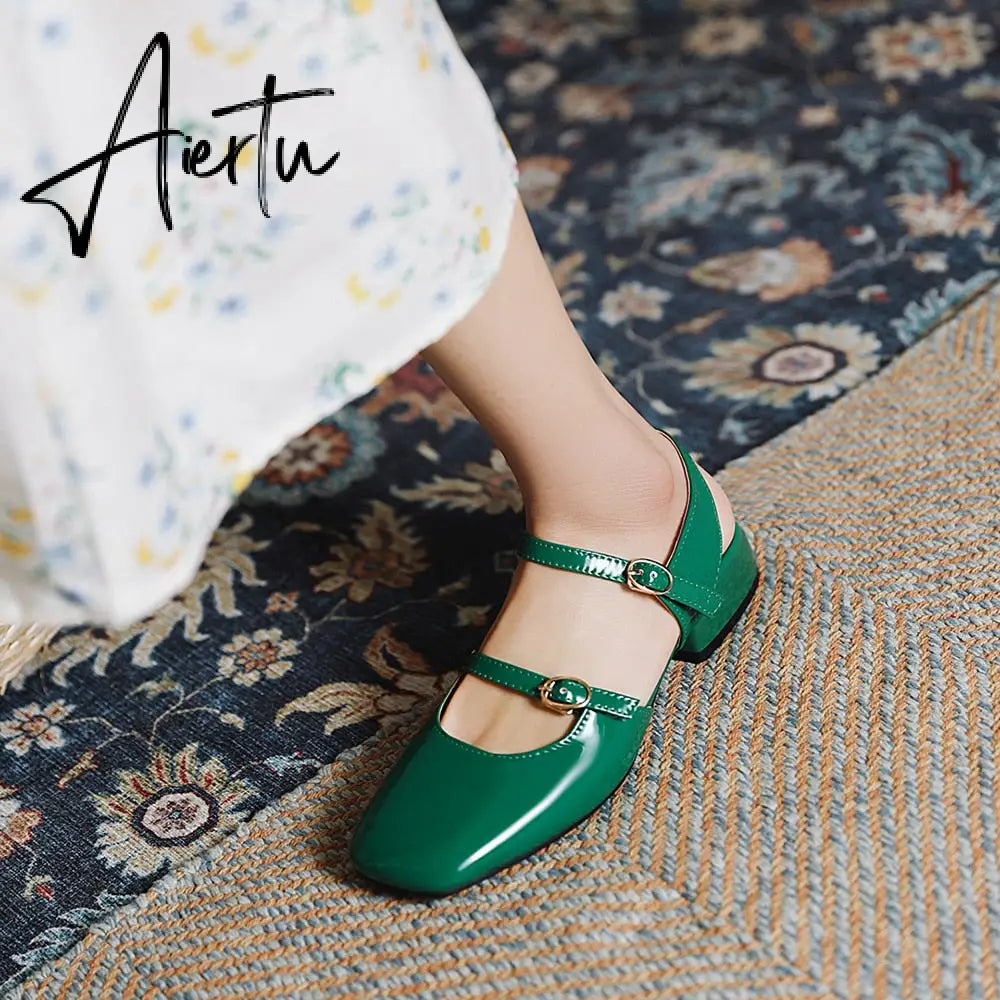 Aiertu Vintage Square Toe Buckle Band Mary Jane Flats Women Casual Loafers Flat Shoes Woman Ballerina Slip On Shallow Solid Moccasins Aiertu