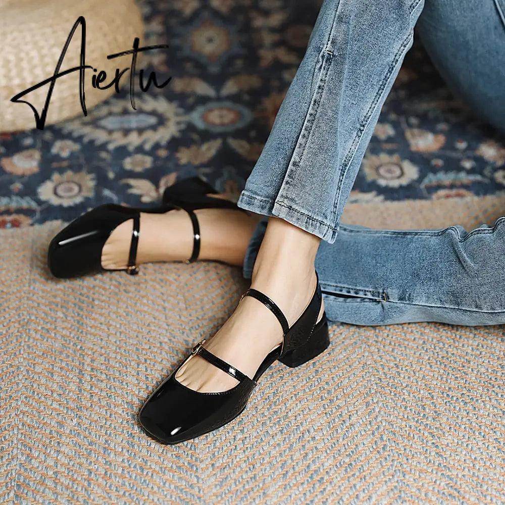 Aiertu Vintage Square Toe Buckle Band Mary Jane Flats Women Casual Loafers Flat Shoes Woman Ballerina Slip On Shallow Solid Moccasins Aiertu
