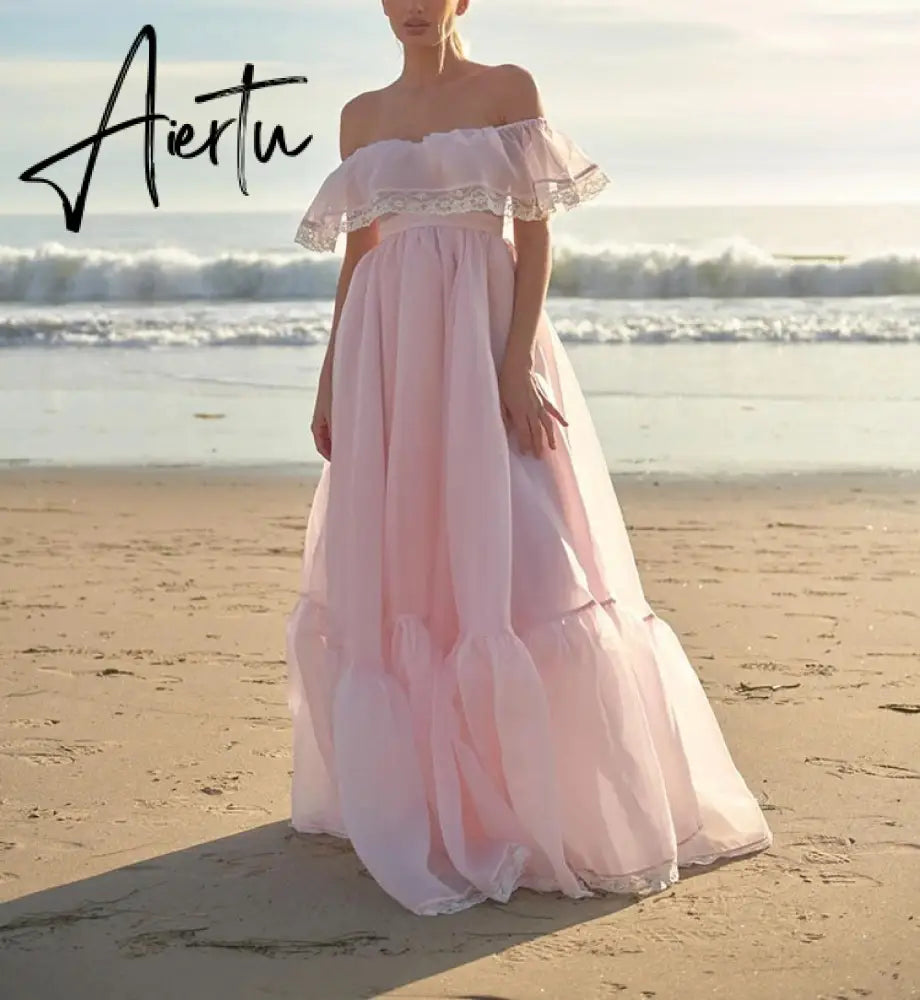Aiertu  Vintage Women Pink Princess Organza Dresses Lady Slash Neck Evening Party Ball Gown Long Dress Fairytale Beach Formal Dress XXL Aiertu