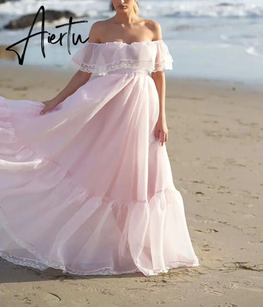 Aiertu  Vintage Women Pink Princess Organza Dresses Lady Slash Neck Evening Party Ball Gown Long Dress Fairytale Beach Formal Dress XXL Aiertu