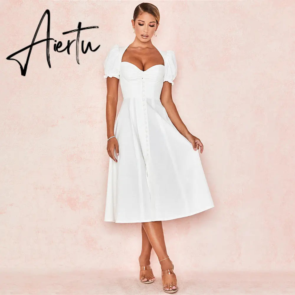 Aiertu  White A- Line Button Sexy Dress for Women Casual Short Sleeve Summer Dress High Slit Midi Dress Clothes Aiertu