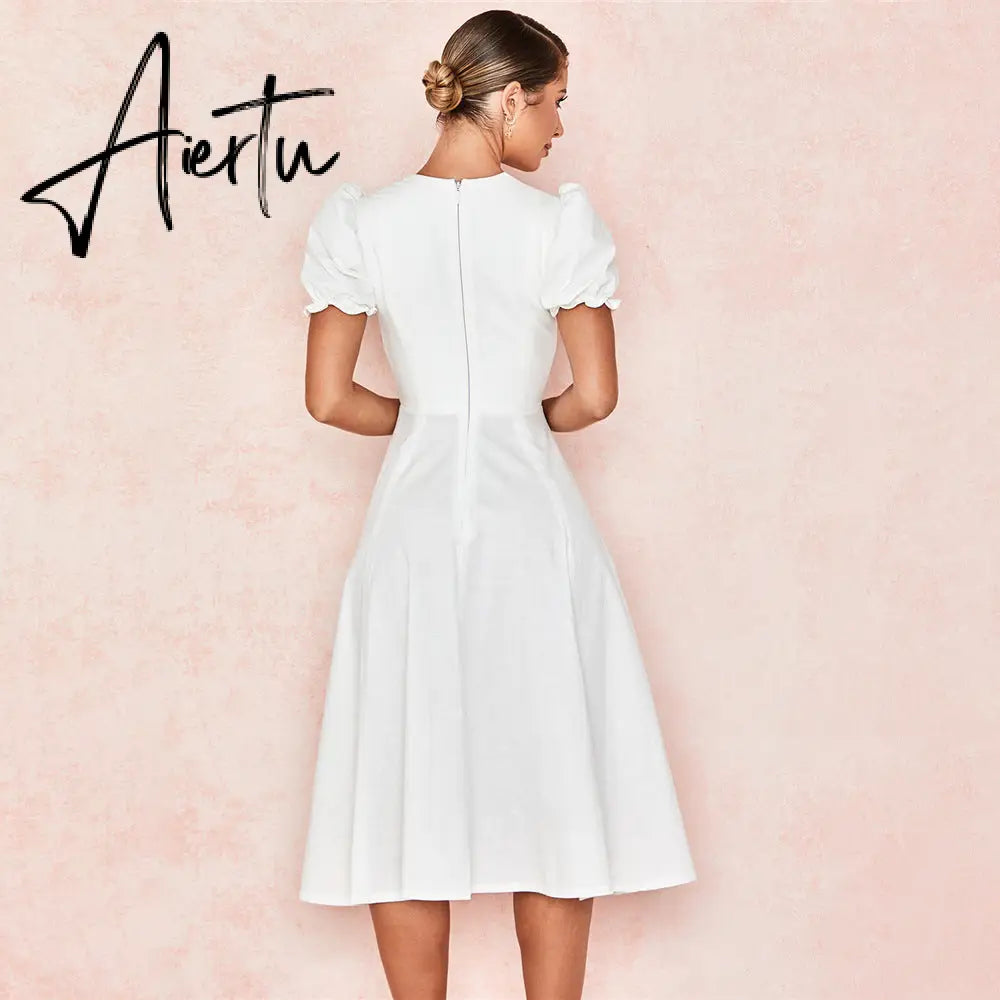 Aiertu  White A- Line Button Sexy Dress for Women Casual Short Sleeve Summer Dress High Slit Midi Dress Clothes Aiertu