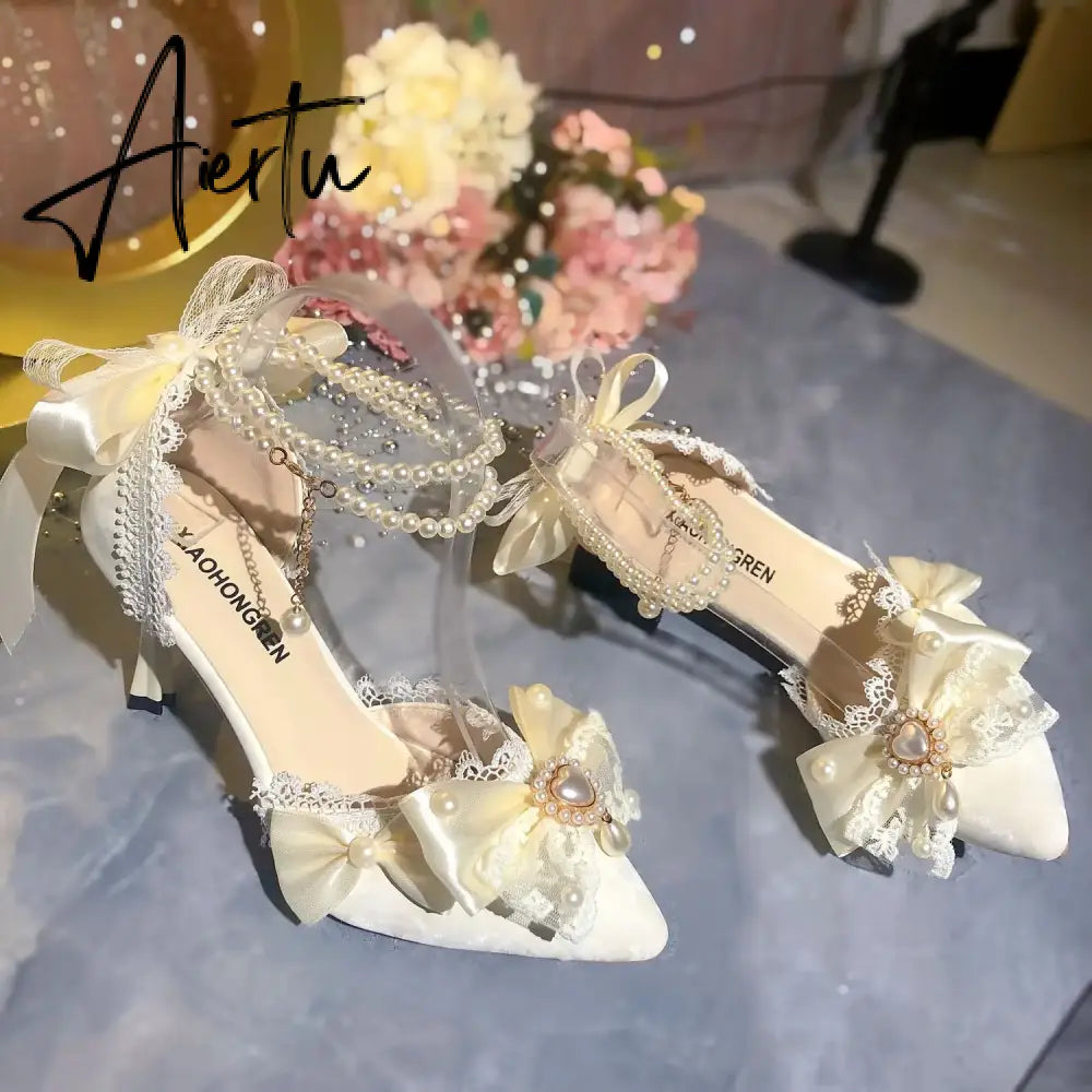 Aiertu White Bridal Shoe Wedding Shoes for Women Luxury Designer Mary Jane Elegant Woman Heeled Shoes Designer Heels Y2k Style Shoes Aiertu