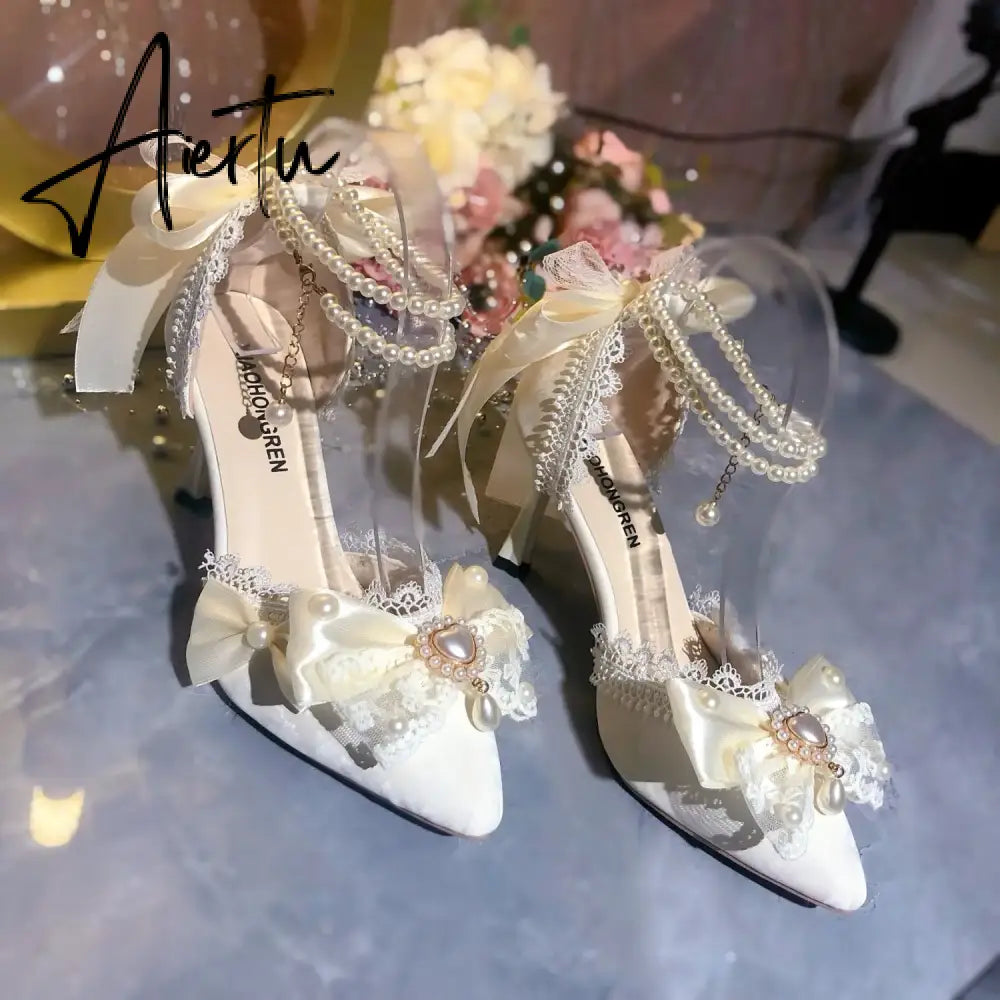 Aiertu White Bridal Shoe Wedding Shoes for Women Luxury Designer Mary Jane Elegant Woman Heeled Shoes Designer Heels Y2k Style Shoes Aiertu
