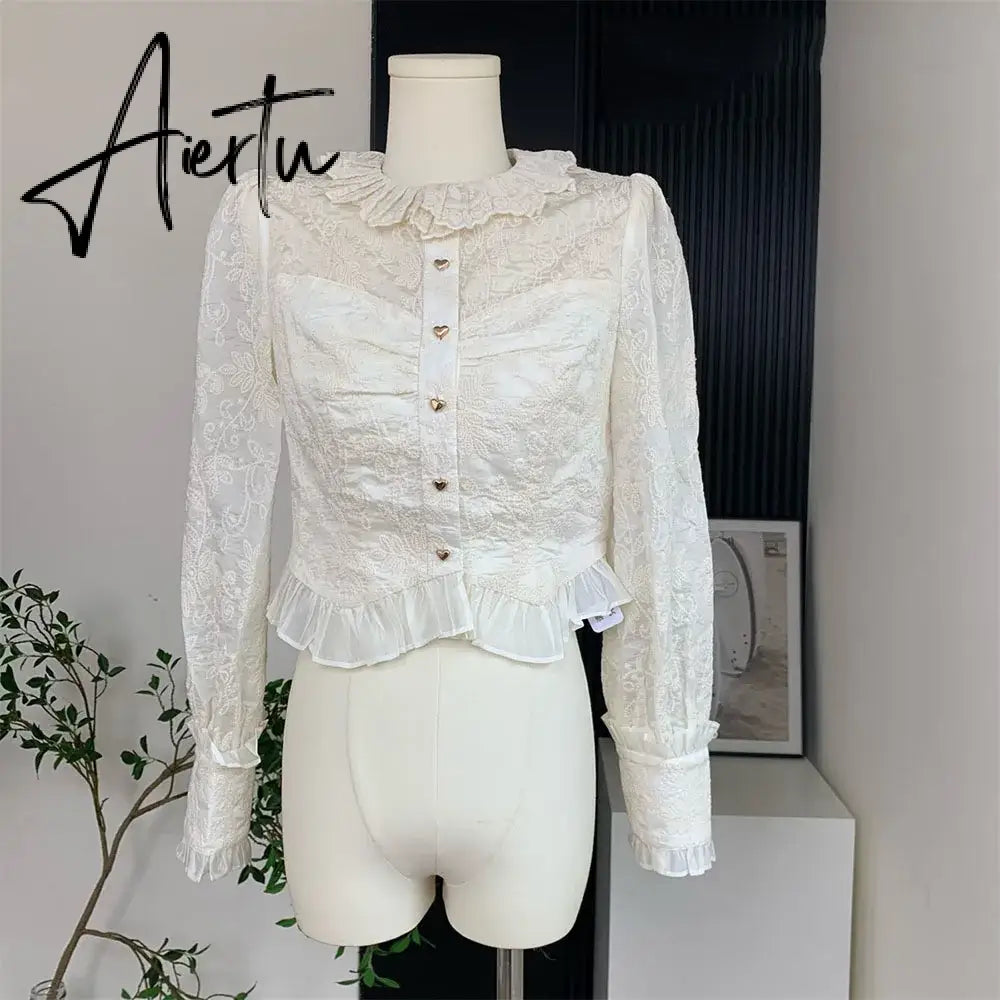 Aiertu White Elegant Blouse For Women Long Sleeve Shirts O-neck Folds Sweet Crop Tops Vintage Chic Blusass Aiertu