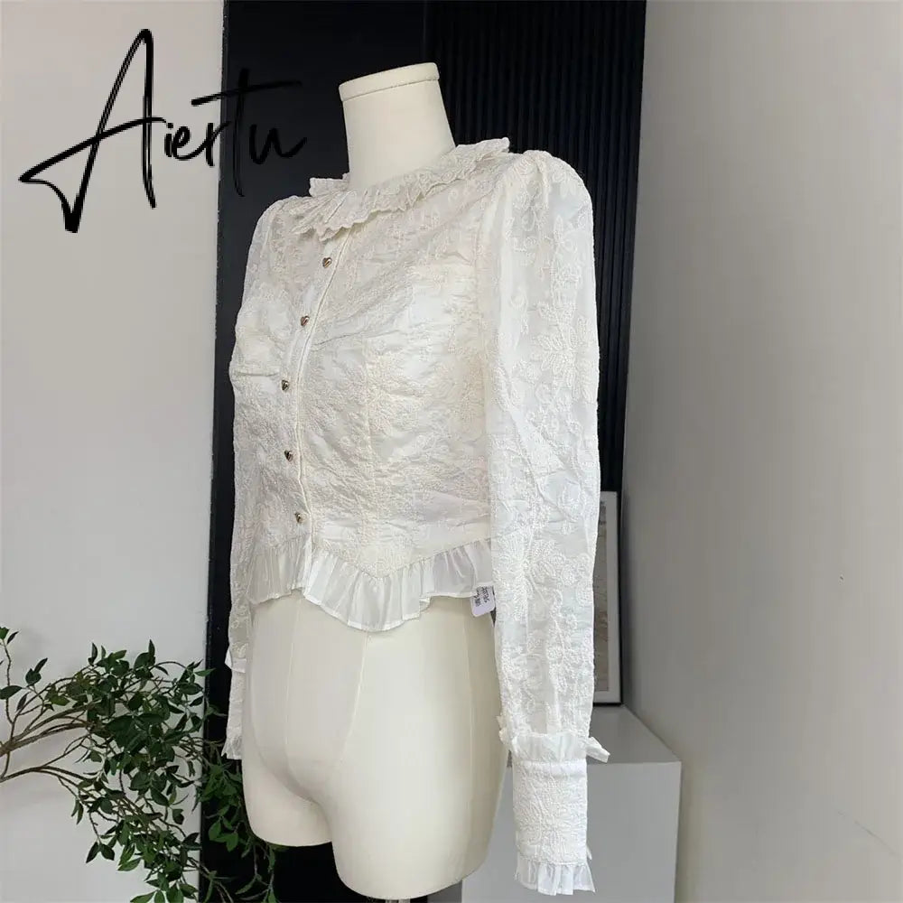 Aiertu White Elegant Blouse For Women Long Sleeve Shirts O-neck Folds Sweet Crop Tops Vintage Chic Blusass Aiertu