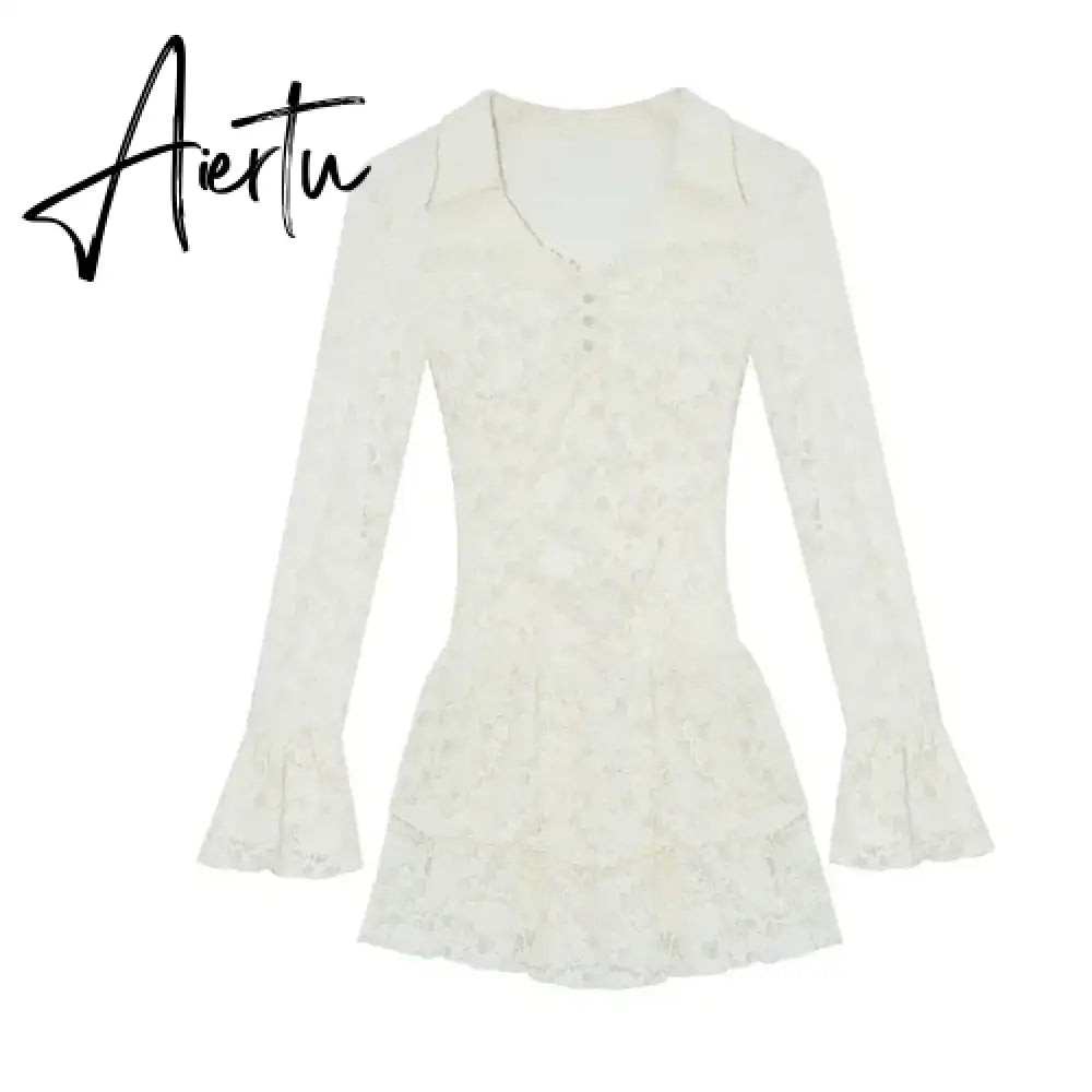 Aiertu White Elegant Lace Y2k Mini Dress Short Party Casual Long Sleeve Dress Outfits Slim One Piece Dress Korean Fashion Autumn Aiertu