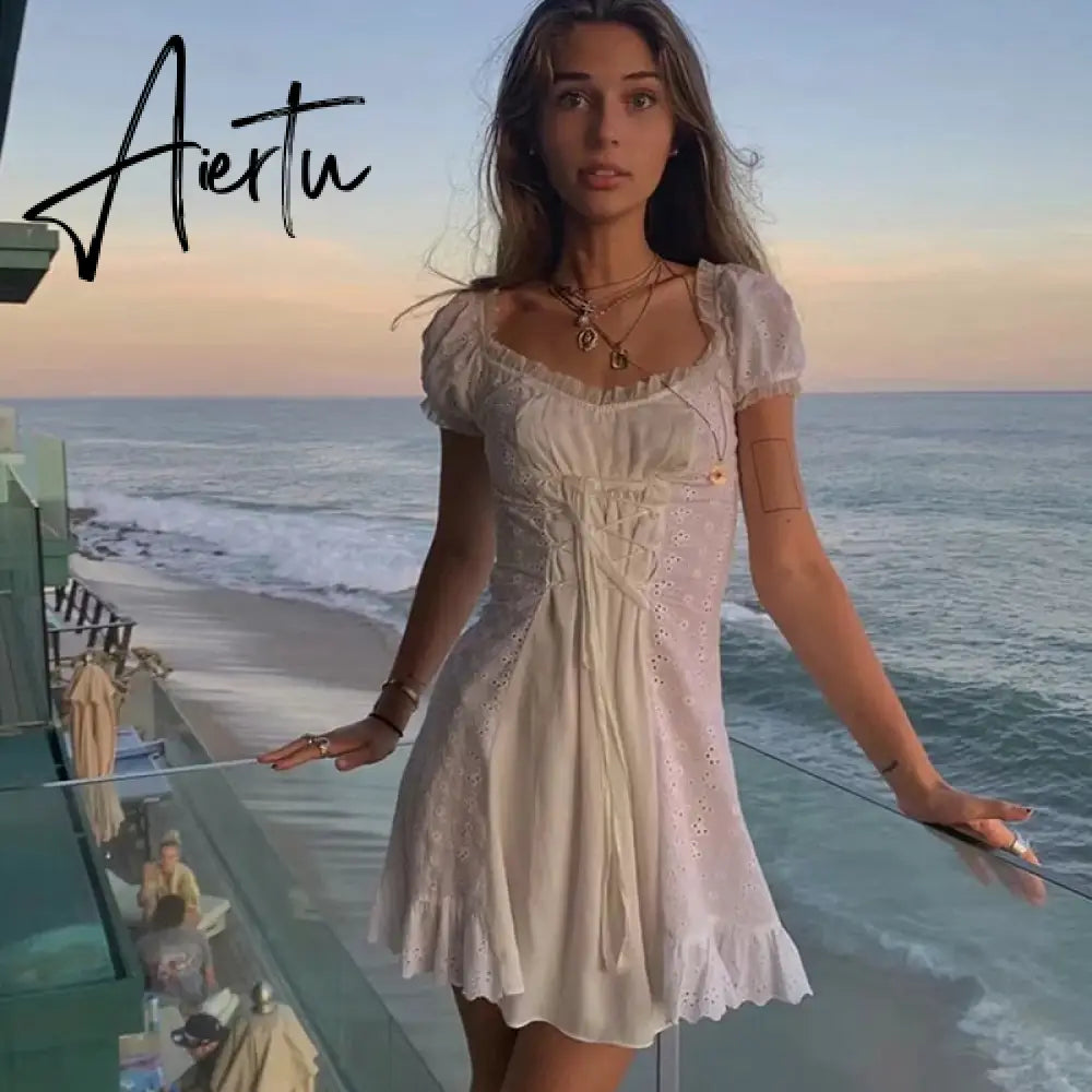 Aiertu white embroidery lace uo dress women summer ruffle vinatge beach dress famale puff sleeve hollow out tulle dress Aiertu