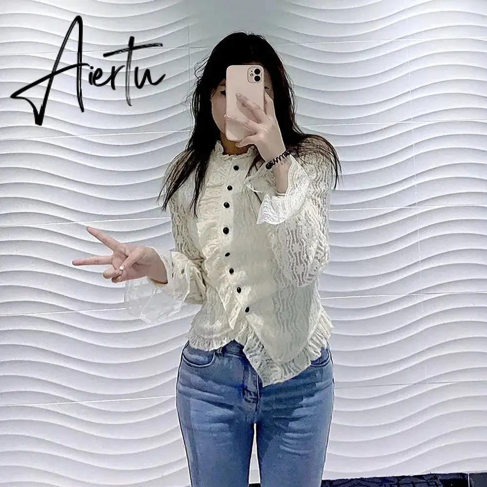 Aiertu White Ruffle Women Shirts V-neck Long Sleeve Lace Tunic Blouses Blusas Moda Sweet Korean Retro Elegant Blouse Tops Aiertu