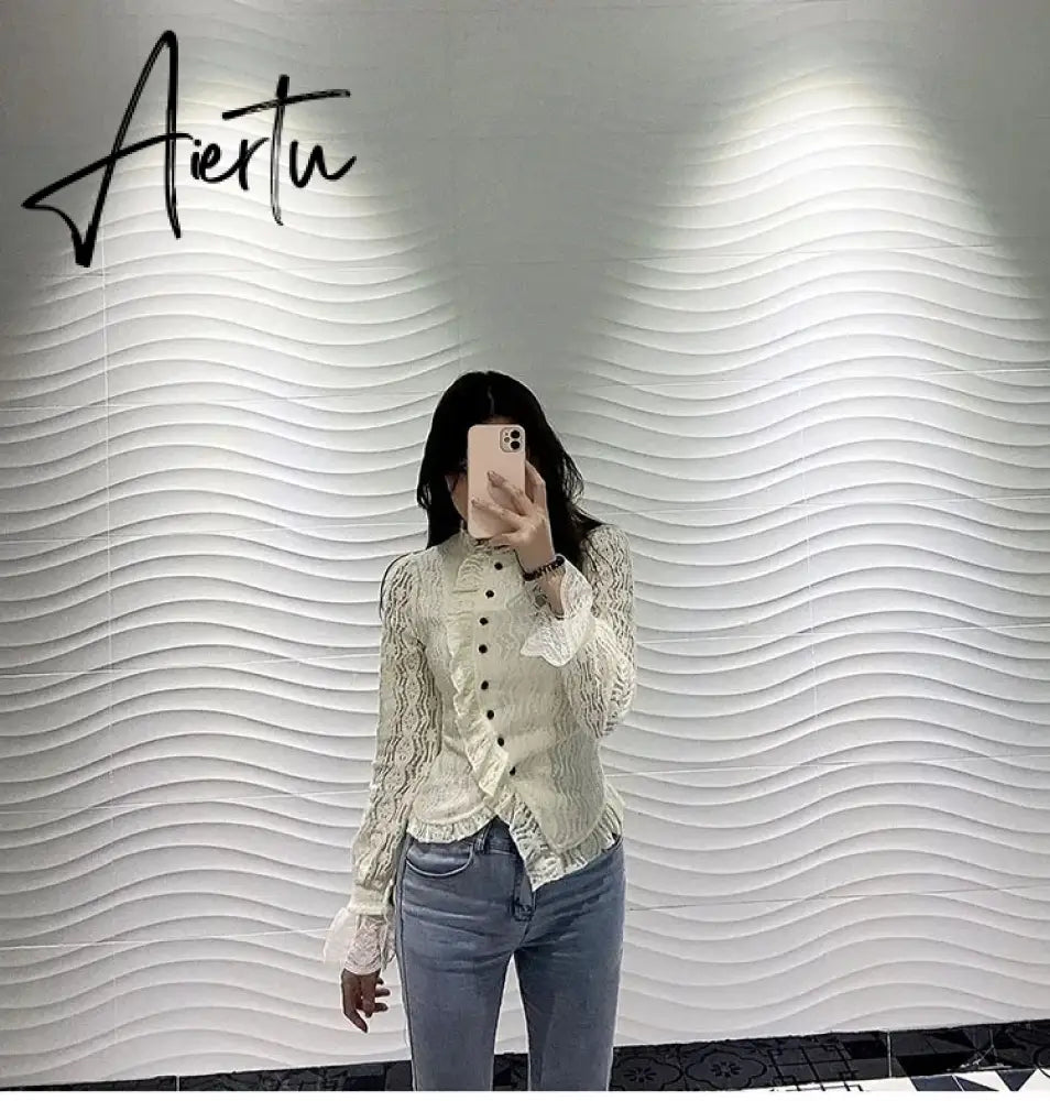 Aiertu White Ruffle Women Shirts V-neck Long Sleeve Lace Tunic Blouses Blusas Moda Sweet Korean Retro Elegant Blouse Tops Aiertu