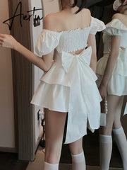 Aiertu  White Sexy Backless Mini Dress Women Korean Fashion Casual Elegant Party Dress Female Ruffle Kawaii Lolita Party Y2k Dress Aiertu
