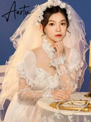 Aiertu White Vintage Wedding Elegant Dress Women Puff Sleeve Elegant Evening Party Long Dress Lace O-neck Korea Sweet Dress Female 2024 Aiertu