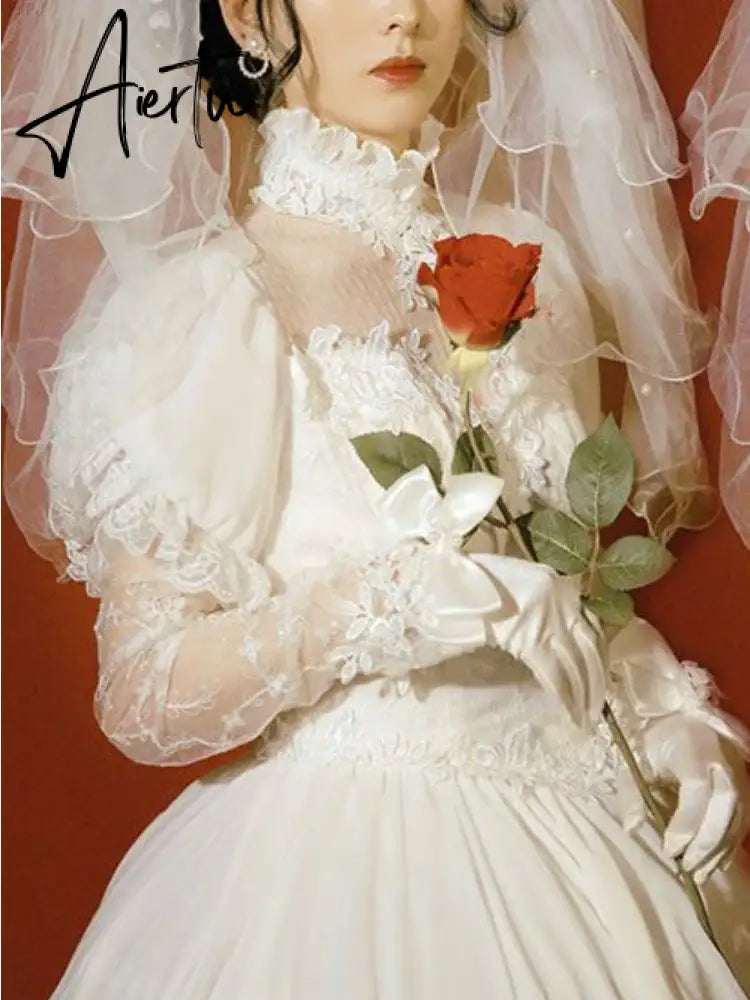 Aiertu White Vintage Wedding Elegant Dress Women Puff Sleeve Elegant Evening Party Long Dress Lace O-neck Korea Sweet Dress Female 2024 Aiertu