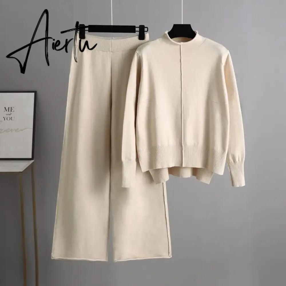 Aiertu Winter Female Knitted Two Pieces Suits Solid  Sweater Top+ Wide Leg Long Pants Sets Women Loose Warm Sweater Suits Aiertu