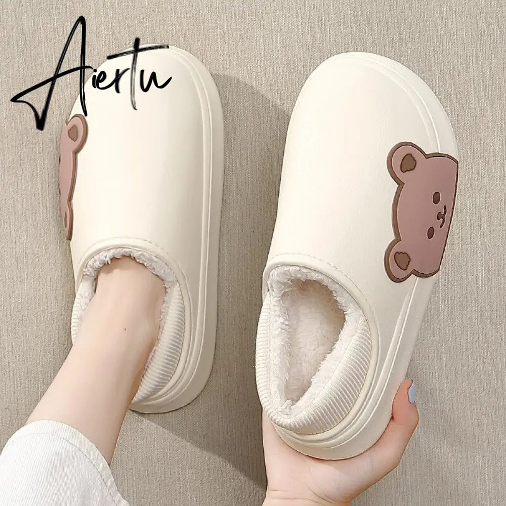 Aiertu  Winter Waterproof Cotton Outdoor Women Indoor Slides Soft Thick Slippers Couple Non-slip Warm Cartoon Plush Sandals Aiertu